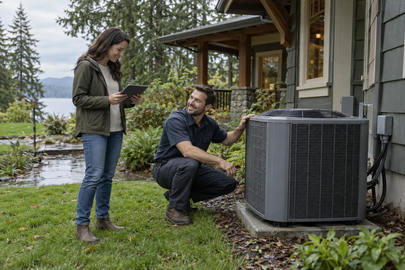 Friendly HVAC provider checking an outdoor air conditioner beside a Yelm home with a homeowner nearby