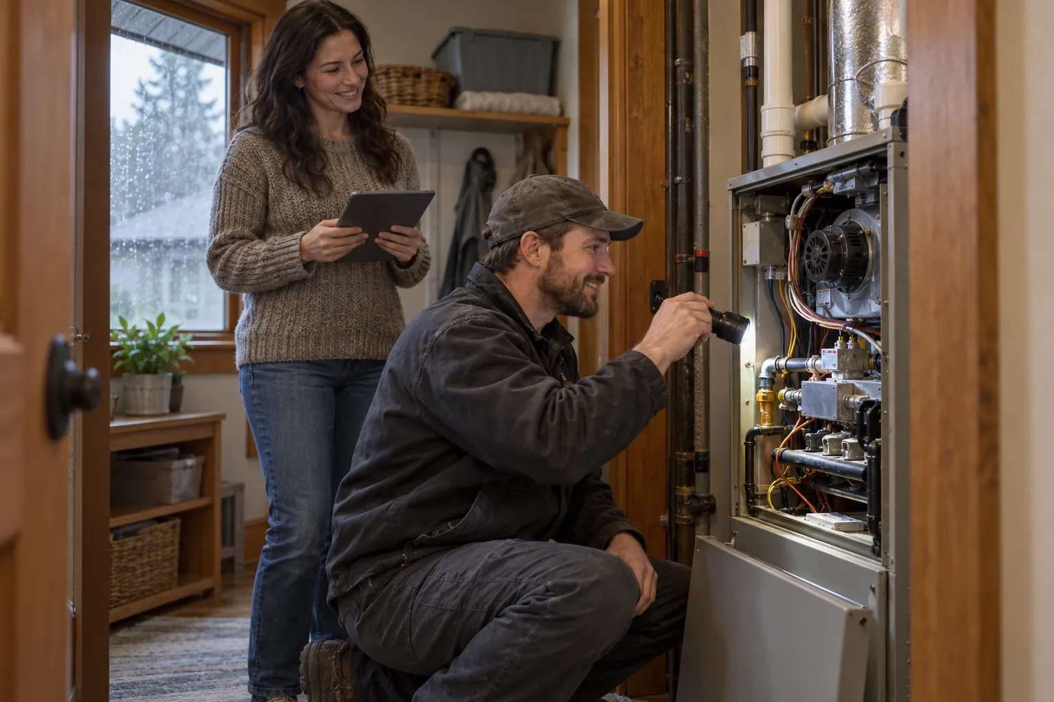 A friendly local HVAC provider checking a furnace in a Yelm home